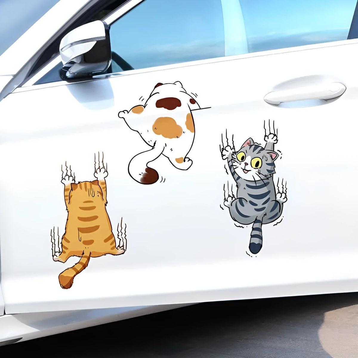 Three cat cartoon vinyl stickers for car doctor blade covers with adhesive tool, available in multiple sizes