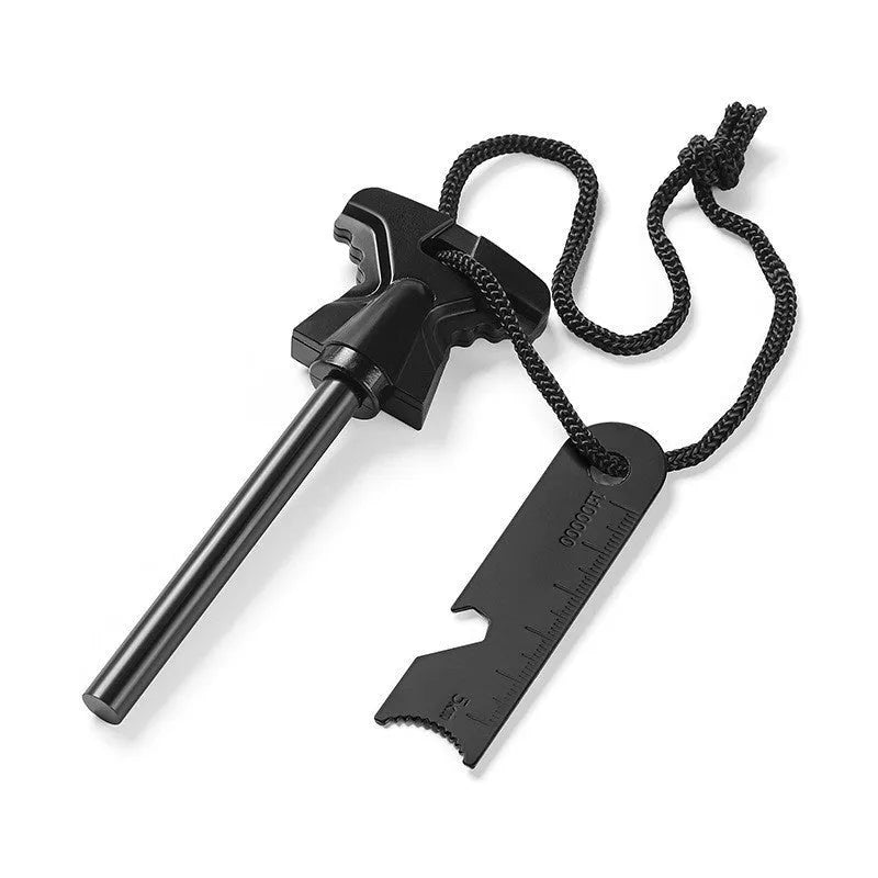 Stainless steel butterfly-shaped fire starter tool with integrated bottle opener.