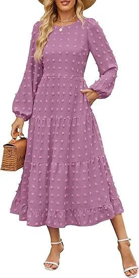 Beige casual long sleeve dress with ruffled sleeves and a high waist on a hanger