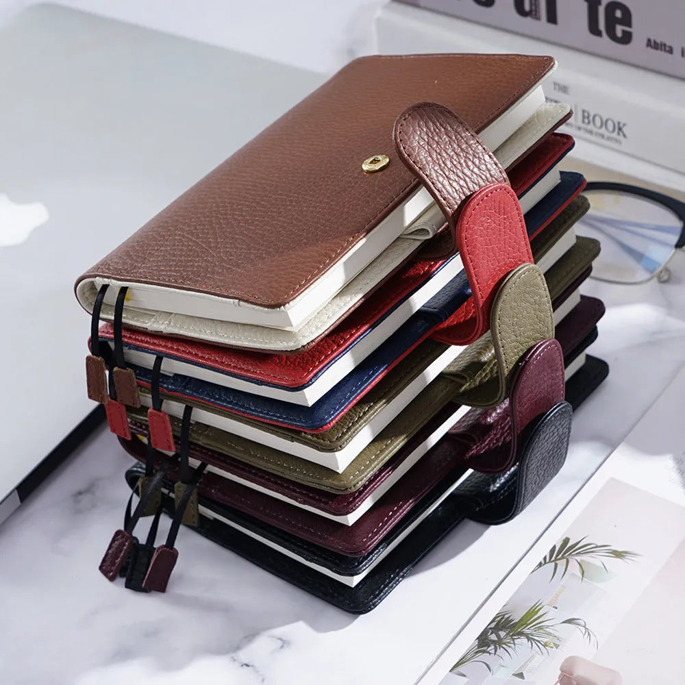 A6 loose-leaf cowhide diary with lychee pattern cover, 12 x 16.5cm, in off white, pink, or white.
