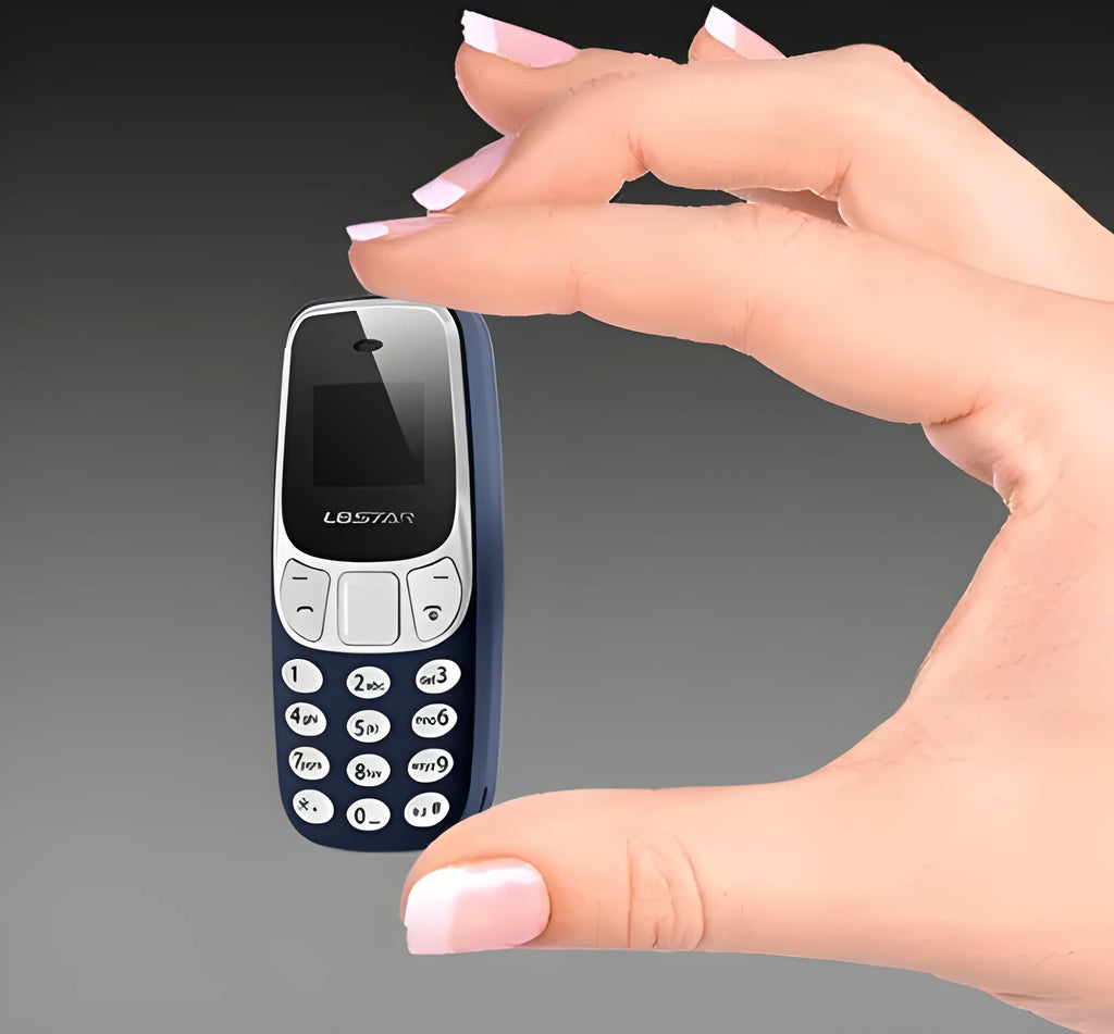 Miniature blue thumb phone with 0.66-inch OLED display, 68mm length, and keypad for dual SIM calling