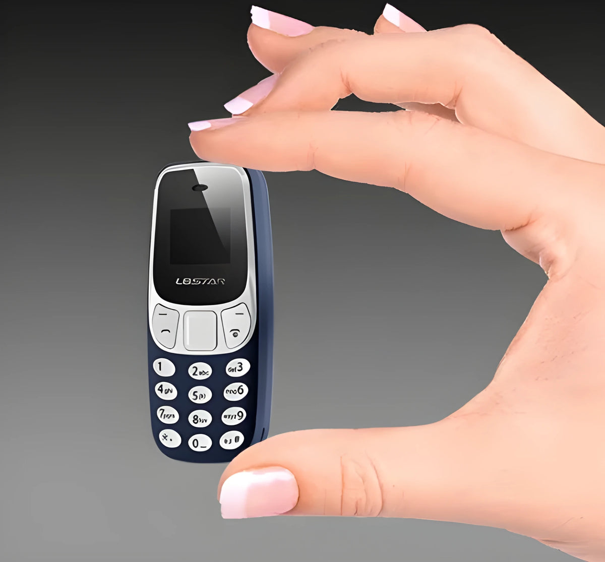 Miniature blue thumb phone with 0.66-inch OLED display, 68mm length, and keypad for dual SIM calling