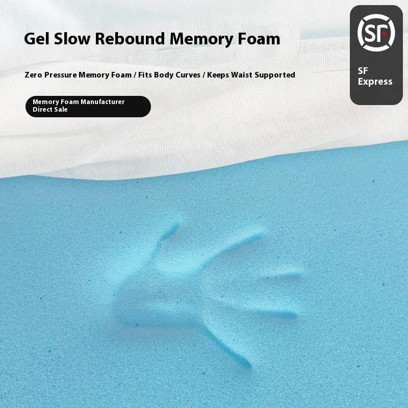 Thin gel memory foam tatami mattress on a floor, showing its slim profile and regenerated cellulose fabric cover.