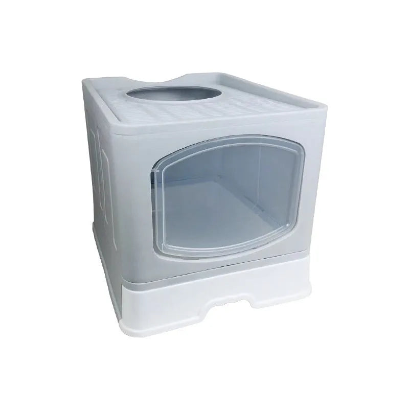 Folding fully enclosed cat litter box 51x41x44cm in ABS PP, available in blue pink or grey