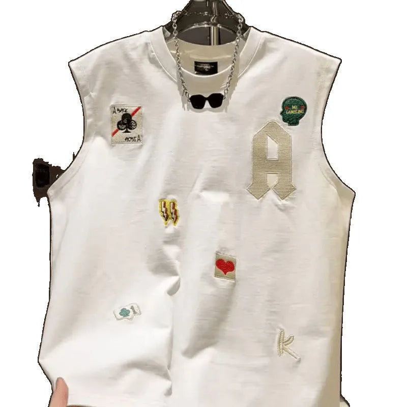 Men's black cotton sleeveless vest with a cartoon graphic print, laid flat.