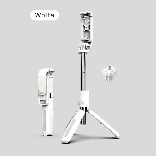 Black Bluetooth selfie stick tripod extended with smartphone mounted, wireless remote control shown
