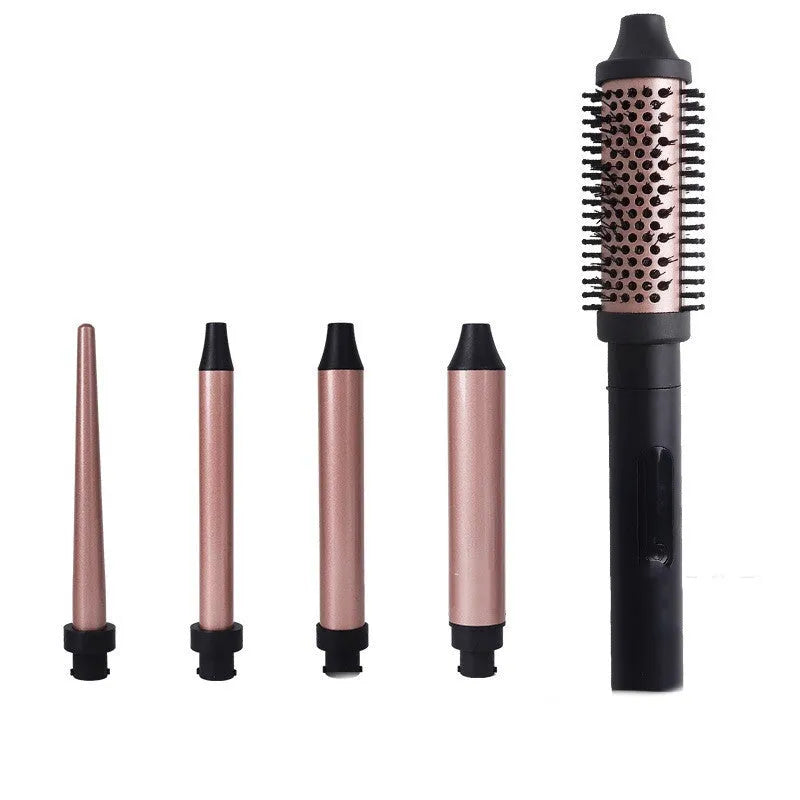 Black 5-in-1 hair curling iron with titanium gold coated adjustable barrel and UK plug