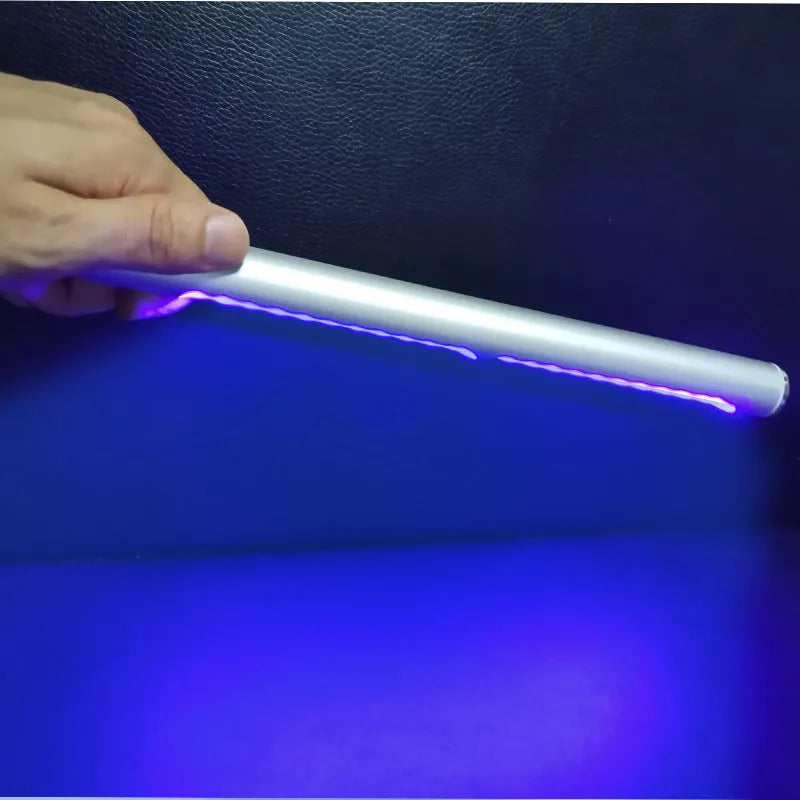 Silver handheld UV disinfection sterilisation stick, 20 x 300mm, USB rechargeable, 600mAh, 147 grams