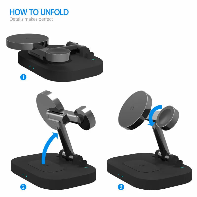 Folding wireless charger in black plastic with Type-C cable, set on a desk