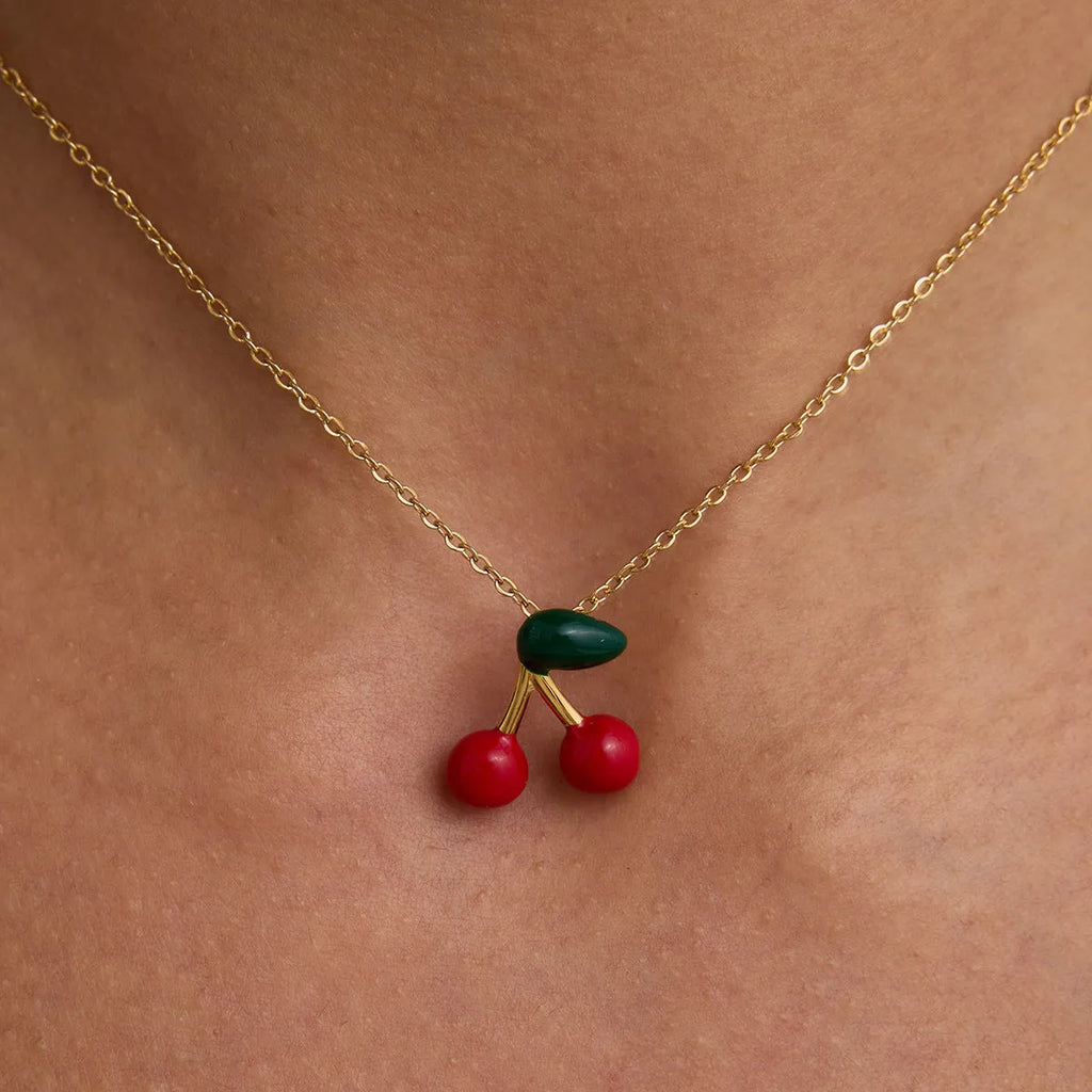 Stainless steel cherry-shaped pendant necklace with titanium steel finish on a regular chain, available in JDN0303030-1 colour