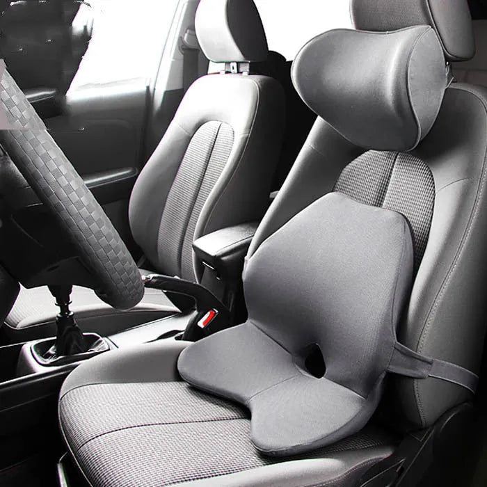 Car seat waist cushion with memory foam padding in beige colour, shown alongside a black version with headrest