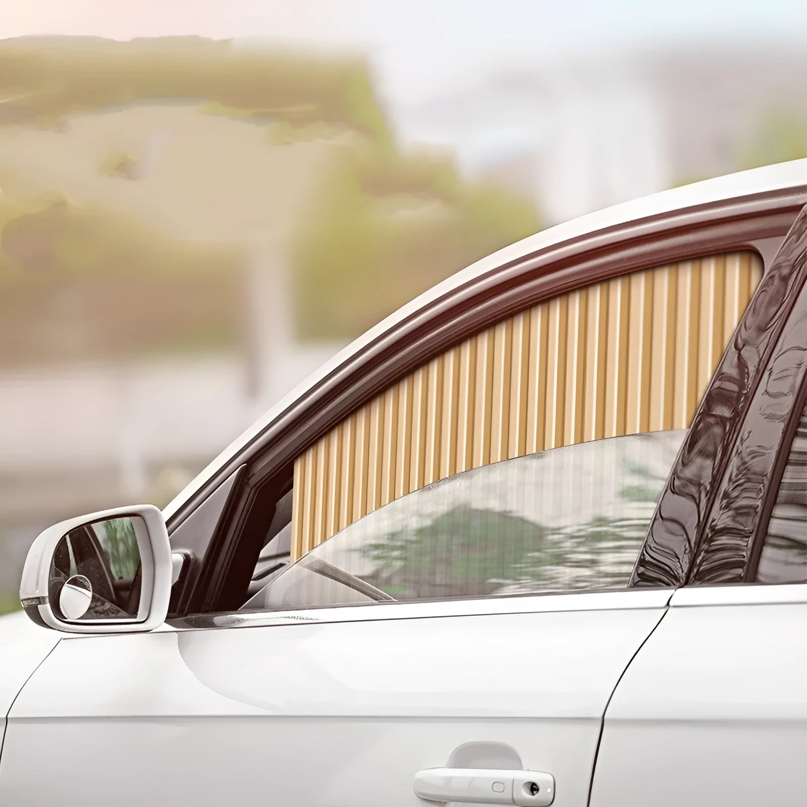 Retractable car sun curtain in opaque cloth extended across vehicle window