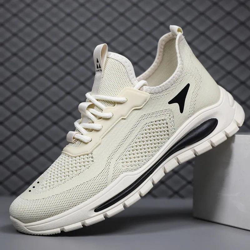 Men's fly knit mesh sneakers with front lace-up, flat rubber sole, round toe, and sequin detail, in beige