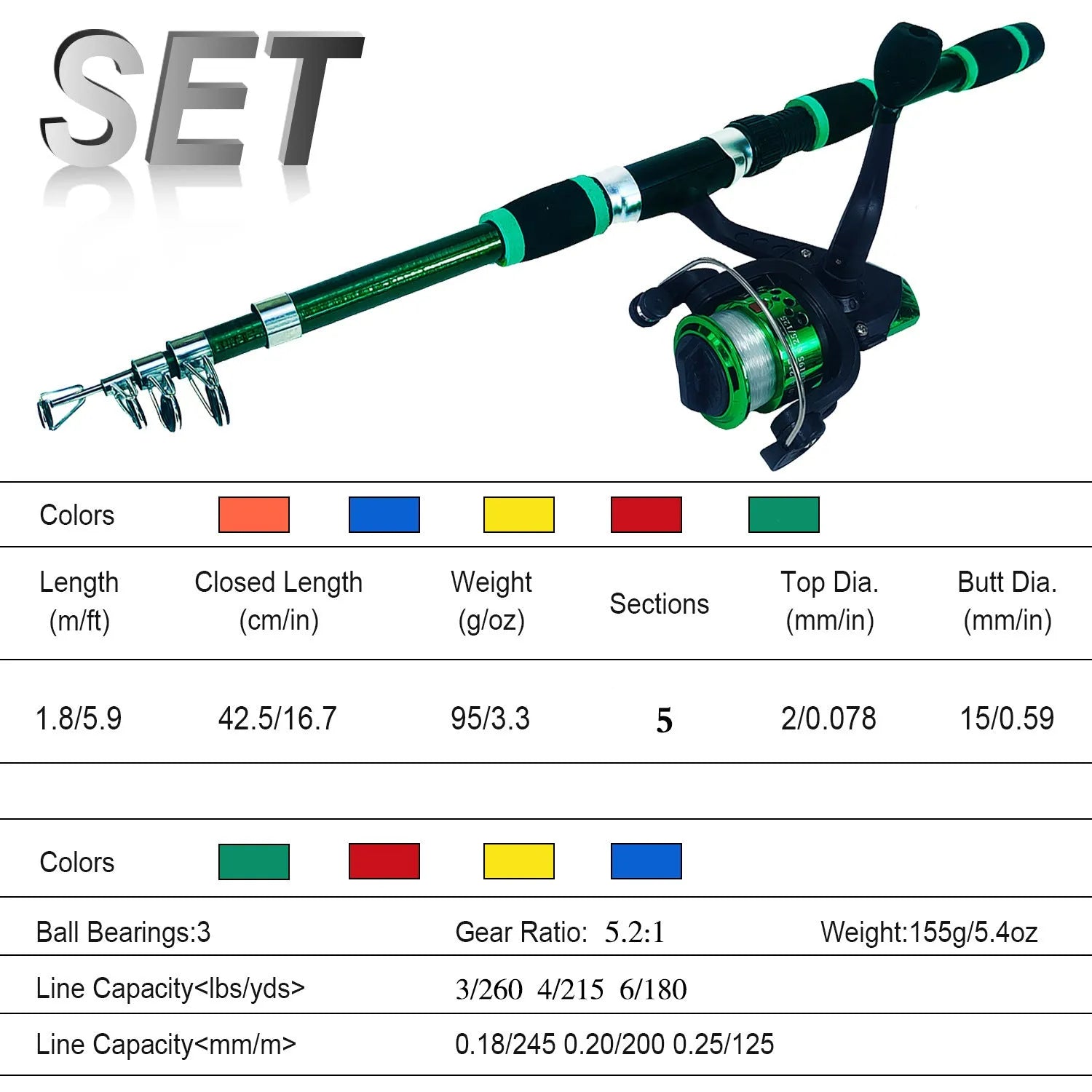 Children's fishing rod set with pole, wheel and bait accessory box in multiple colour options