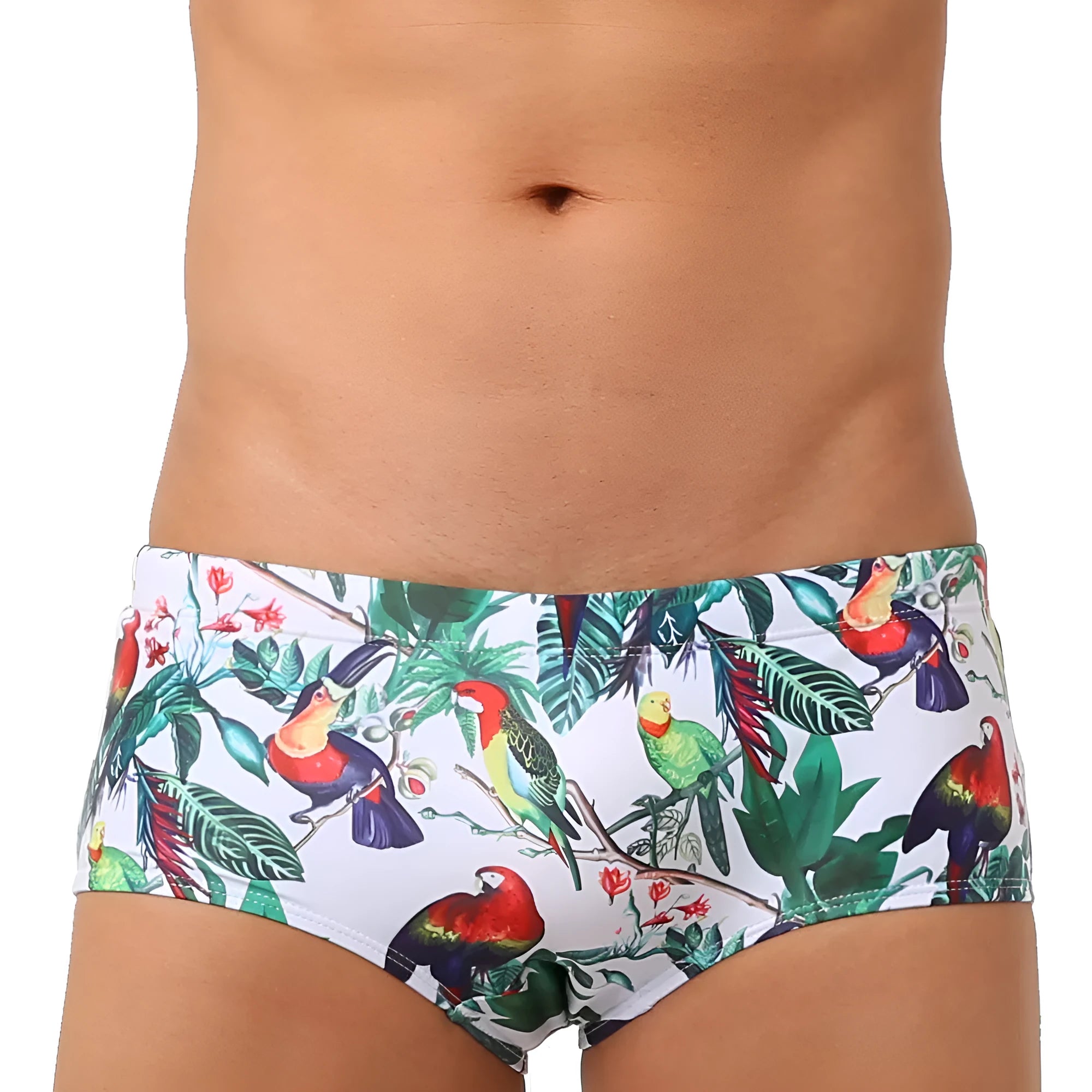 Men's blue swimming trunks with a colourful flowers and birds print, showing the boxer style and cup cover.