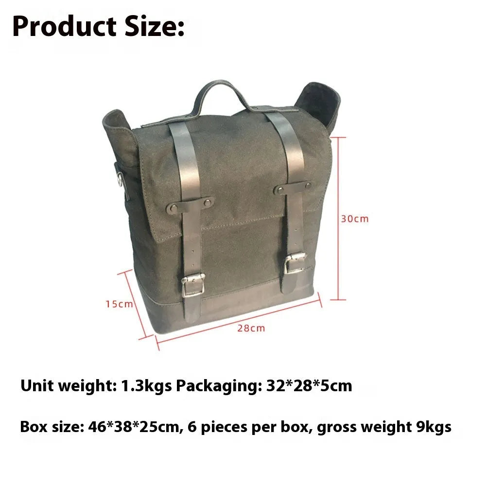 Waterproof canvas motorcycle side bag with cowhide details in black colour