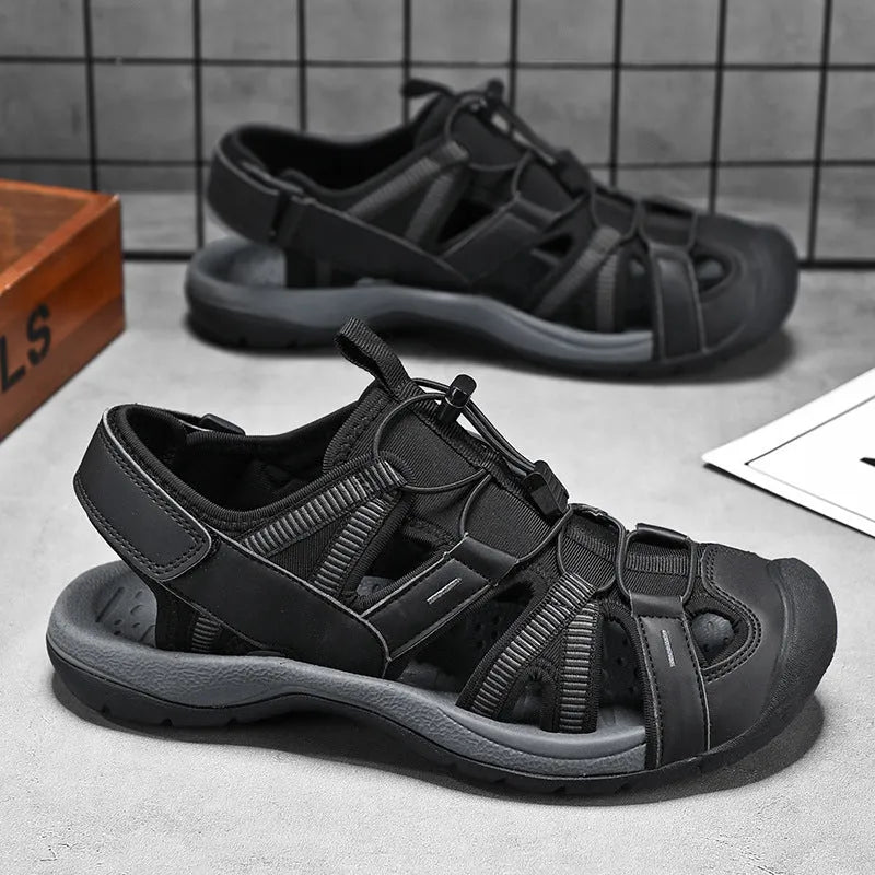 Men's blue casual sports shoe with mesh upper and Velcro strap on a rubber sole.