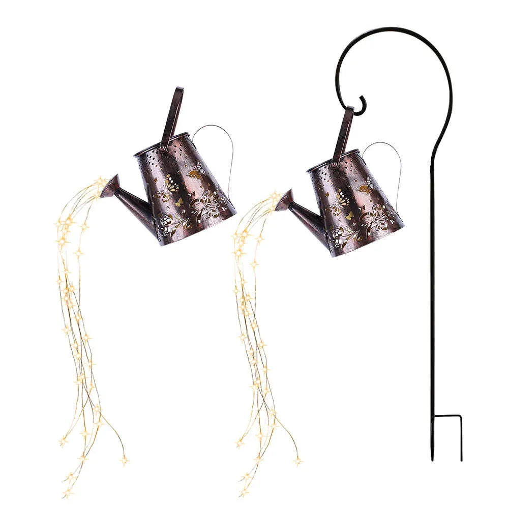 Solar garden lamp with tapered butterfly iron lantern design in warm white LED illumination