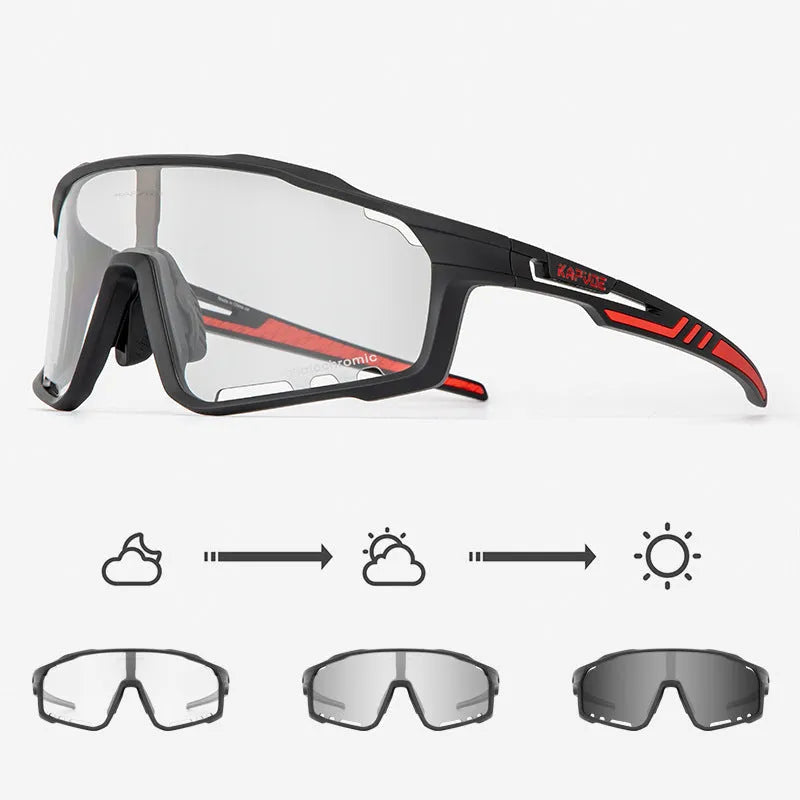 Photochromic cycling sunglasses with semi-rimless TR90 frame on a solid colour background