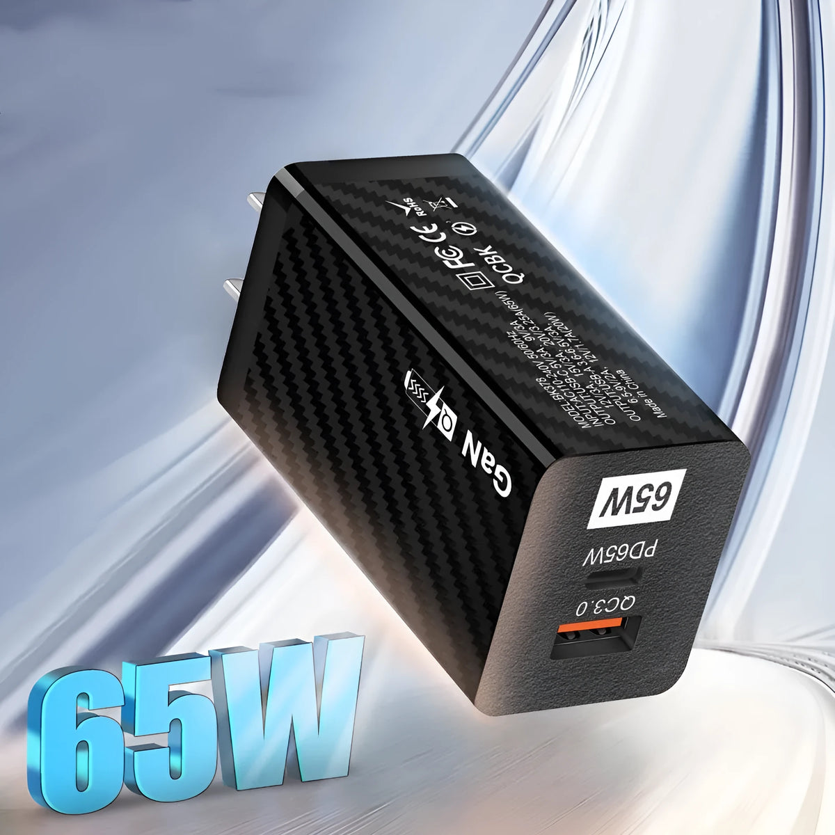 65W Gallium Nitride laptop charger in black with compact rectangular design showing USB+PD port