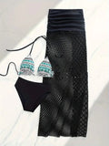 Women's brown gradient fishnet long skirt and bikini three-piece swimsuit set.
