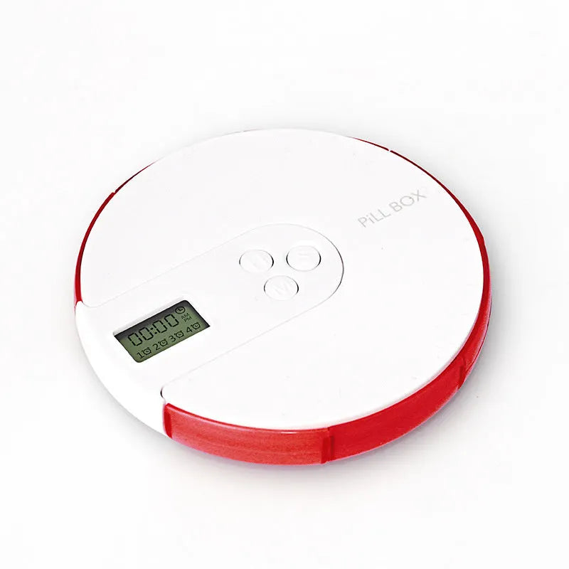 Seven-compartment electronic pill dispenser with alarm clock display showing timer settings