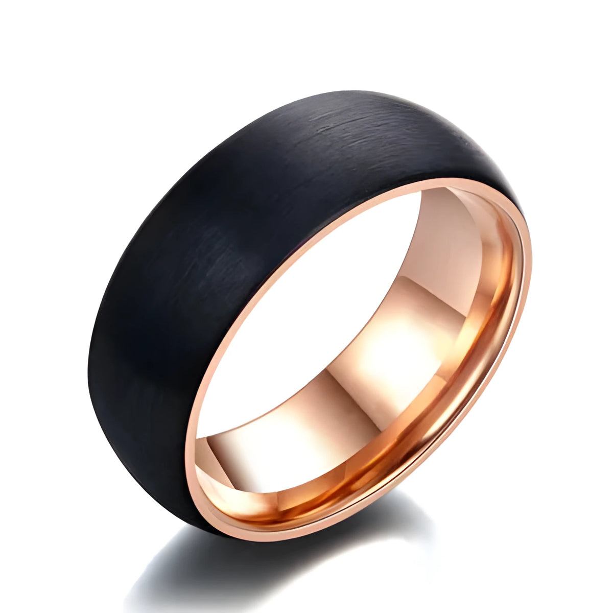 8mm black and rose gold stainless steel men's ring, US sizes 7-12, 9.5g