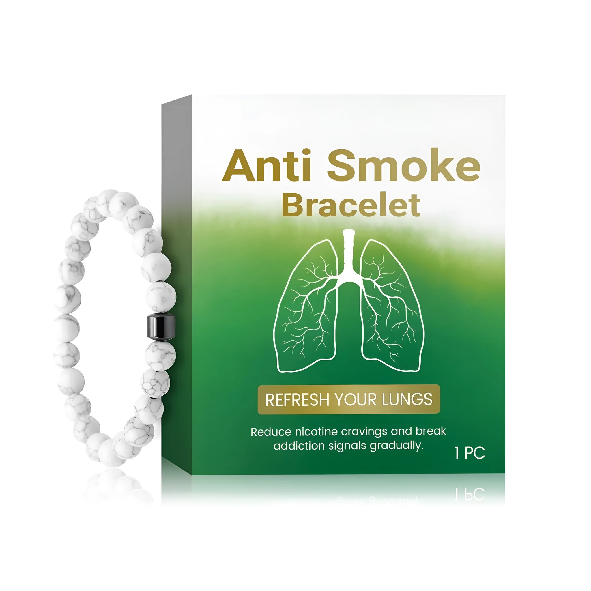 Women's smoke prevention bracelet with synthetic turquoise beads on a wrist.