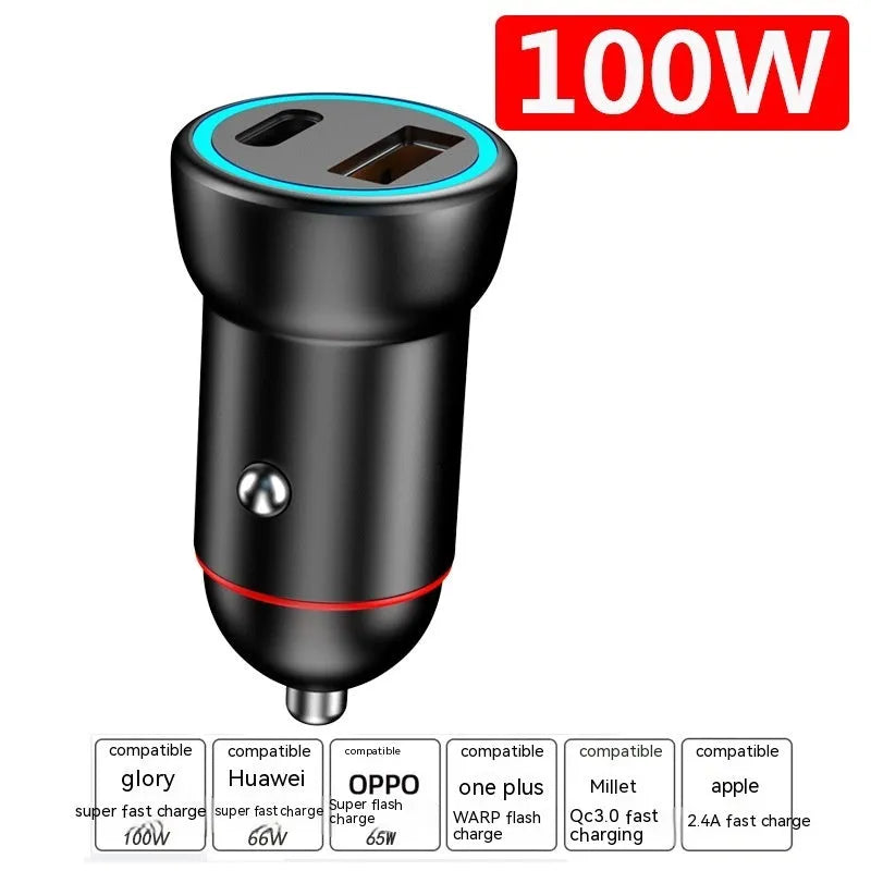 Black zinc alloy car charger with 200W super fast charging capability and compact 38mm design