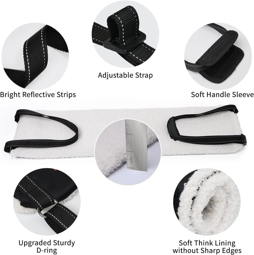 Adjustable dog hip support sling with nylon straps and soft lining for hind leg mobility assistance.