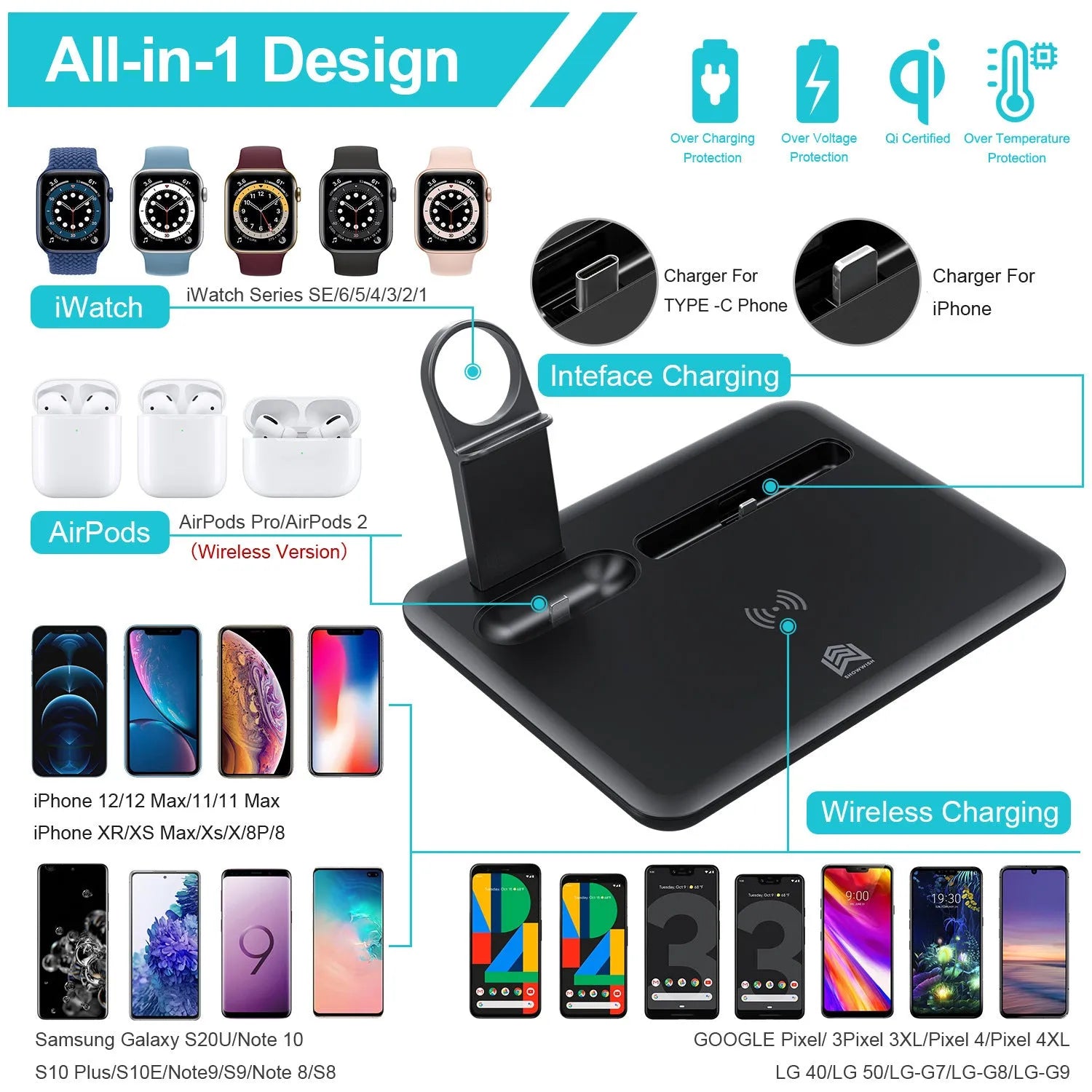 Black or white desktop wireless charging station bracket for phones, headphones and watches