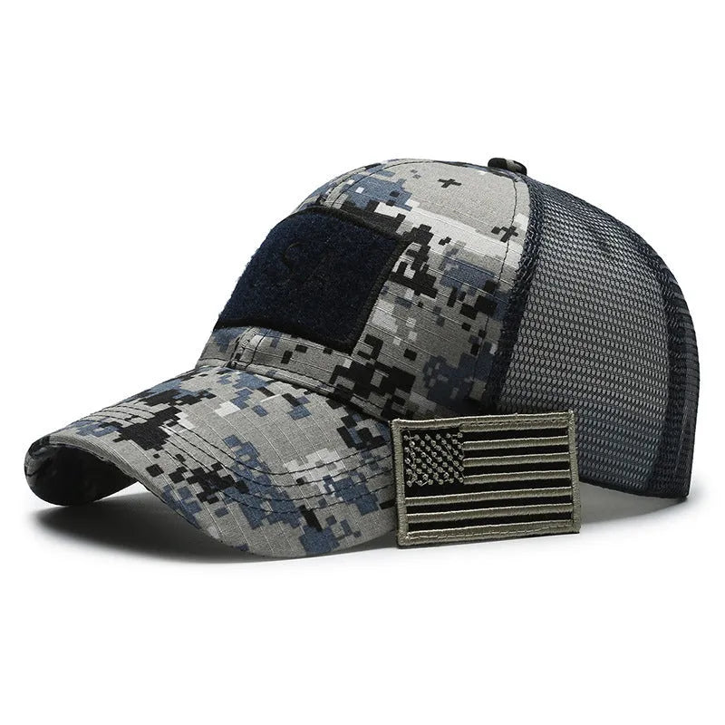 Tactical camouflage baseball cap with dome crown and adjustable Velcro closure