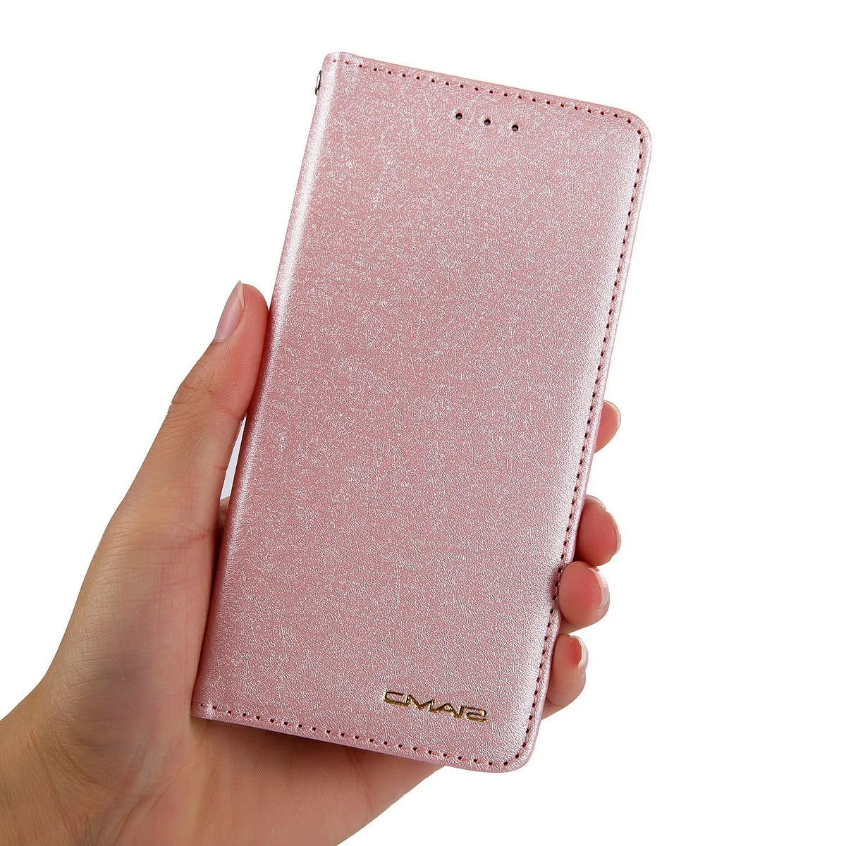 Black PU leather flip-style iPhone case open to show interior card slots and phone.