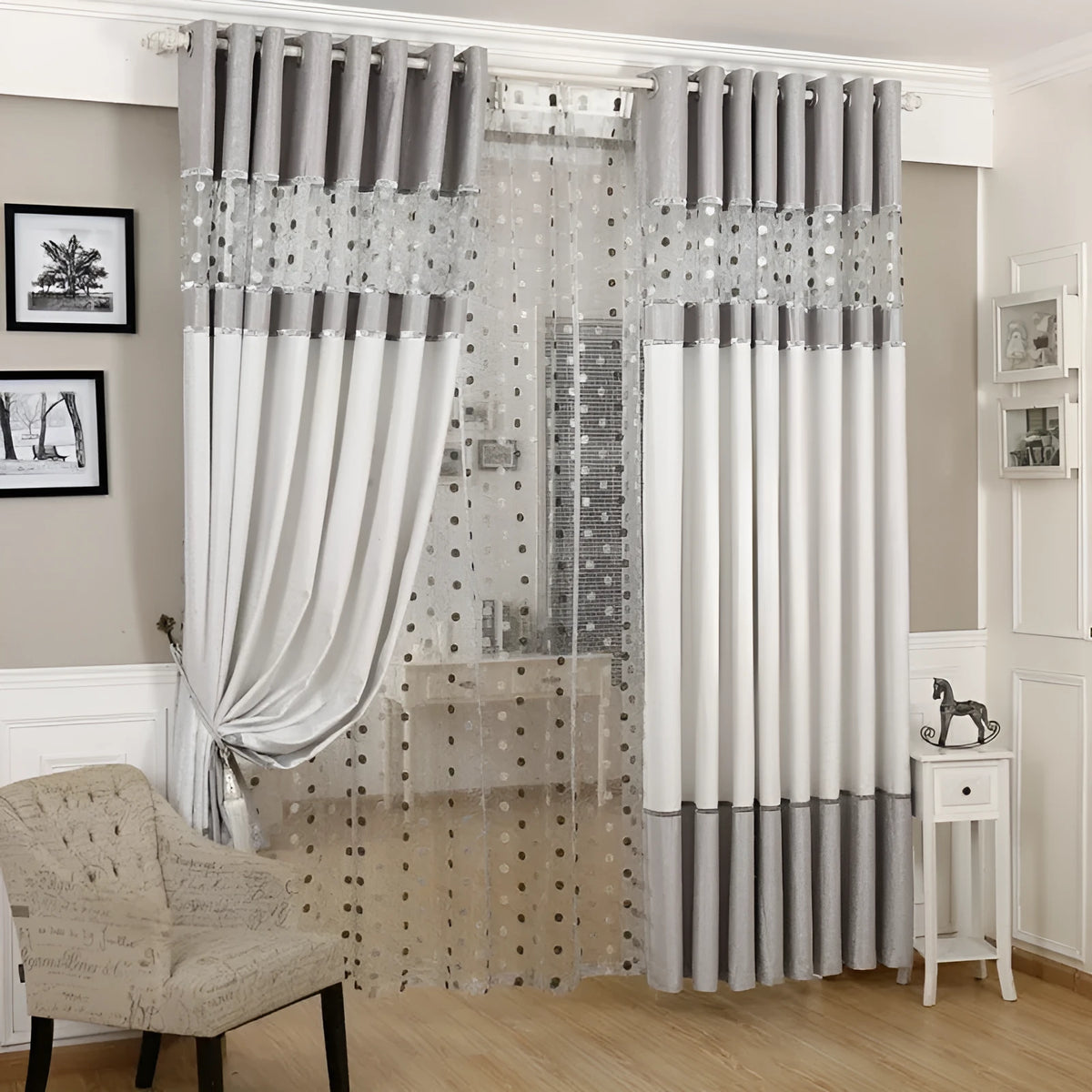 Blackout curtain panel showing multiple width options and different hanging styles including hooks and rings