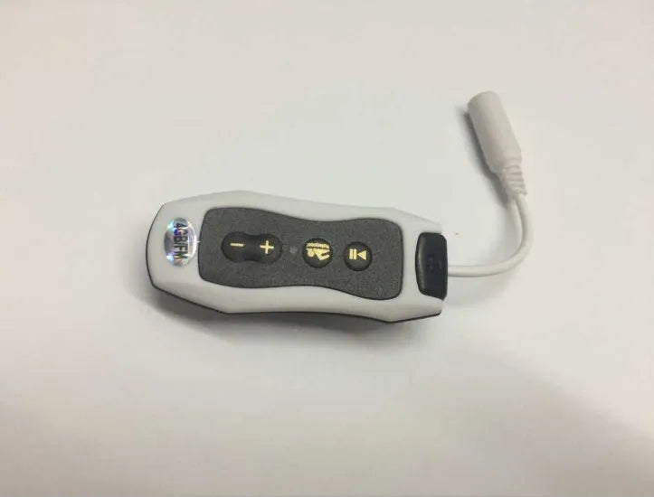 Waterproof Bluetooth mini headset MP3 player in various colours, showing compact size.