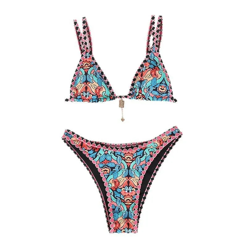 Retro four-colour printed women's bikini swimwear in polyester fabric