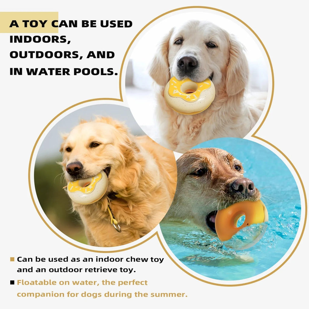 TPR molar teeth cleaning donut dog toy with sound rattle in pink, yellow, and chocolate colours