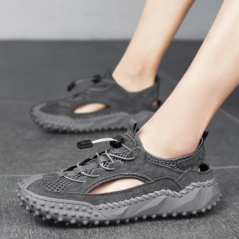 Men's black waterproof sports sandals with leather mesh upper and elastic band closure