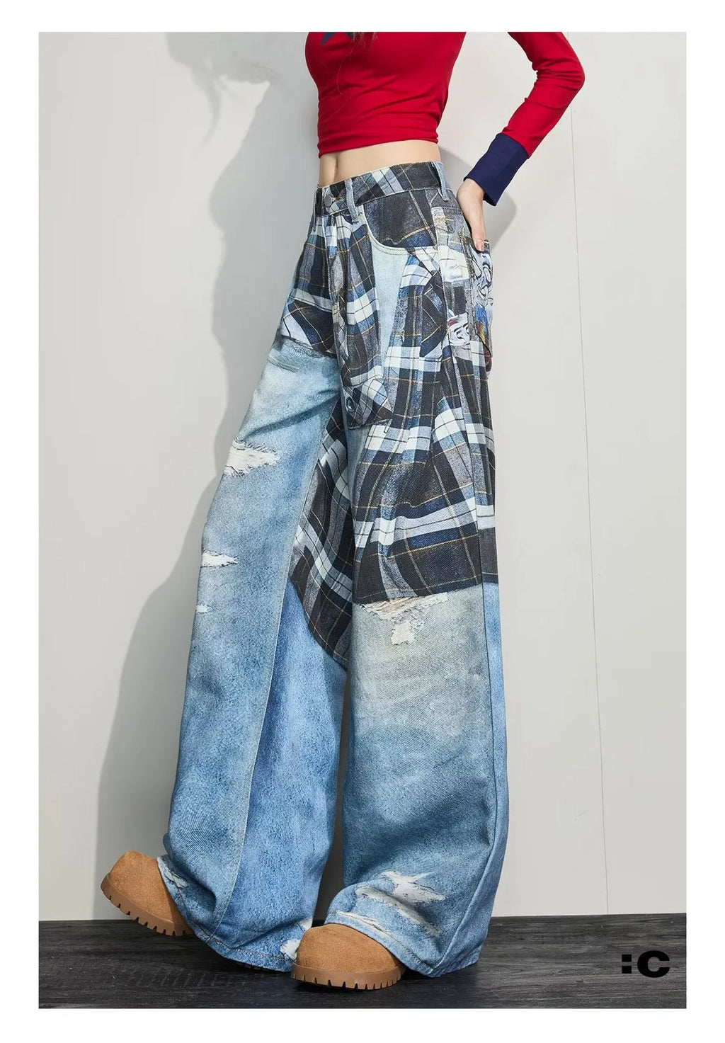 Blue patterned wide-leg cotton casual pants with mid-rise waist, loose straight cut, sizes XS to 3XL