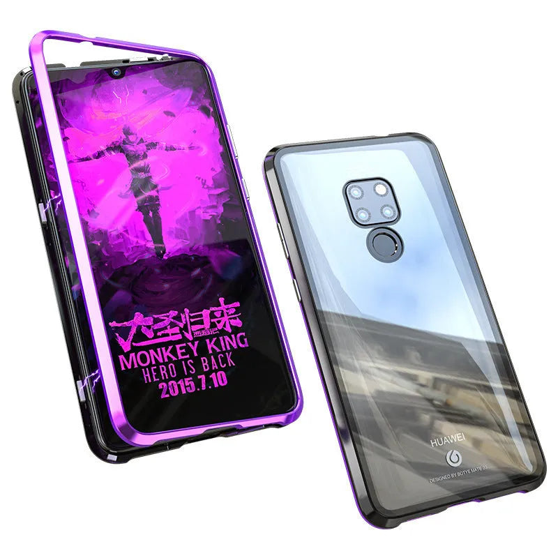 Black magnetic phone case with metal frame and clear tempered glass back for Huawei phone.