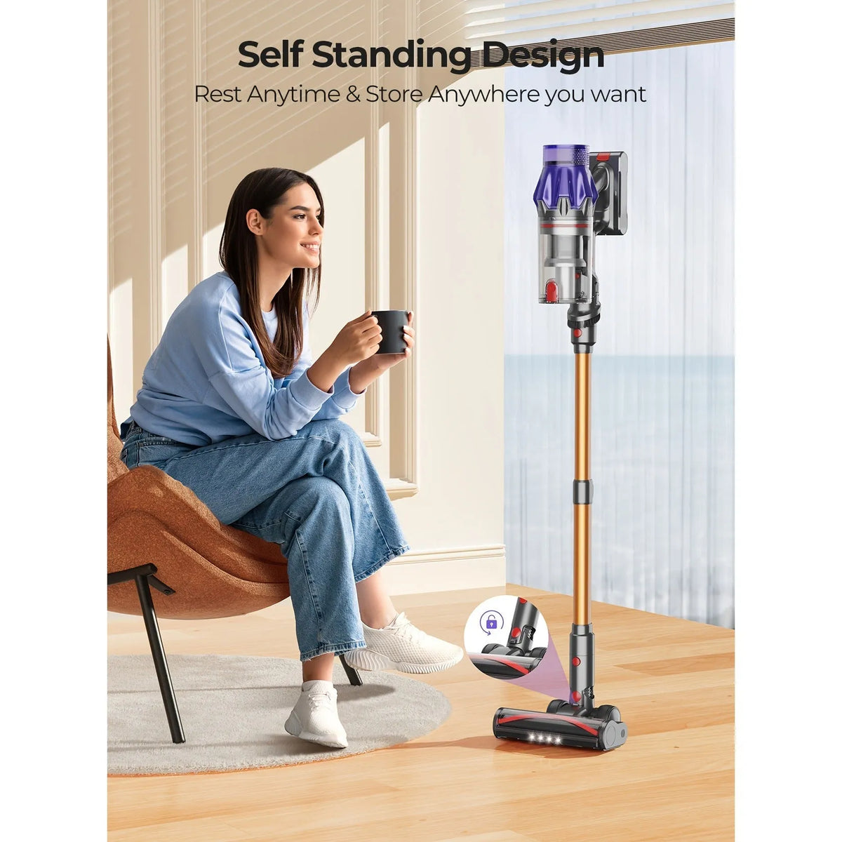 Cordless vacuum cleaner V7-CJD1003 with 500W motor and 50KPa suction, shown with power cord and manual.