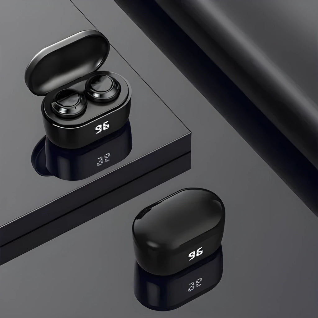 Black stereo Bluetooth headset with bilateral earplug design showing wireless earbuds