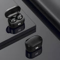 Black stereo Bluetooth headset with bilateral earplug design showing wireless earbuds