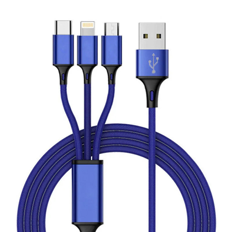 Braided 3-in-1 universal charging cable with aluminium alloy connectors for iPhone Android and Type-C devices
