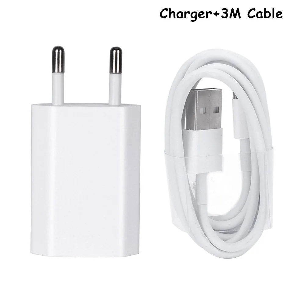 USB travel charger with charging cable compatible with iPhone and iPad models