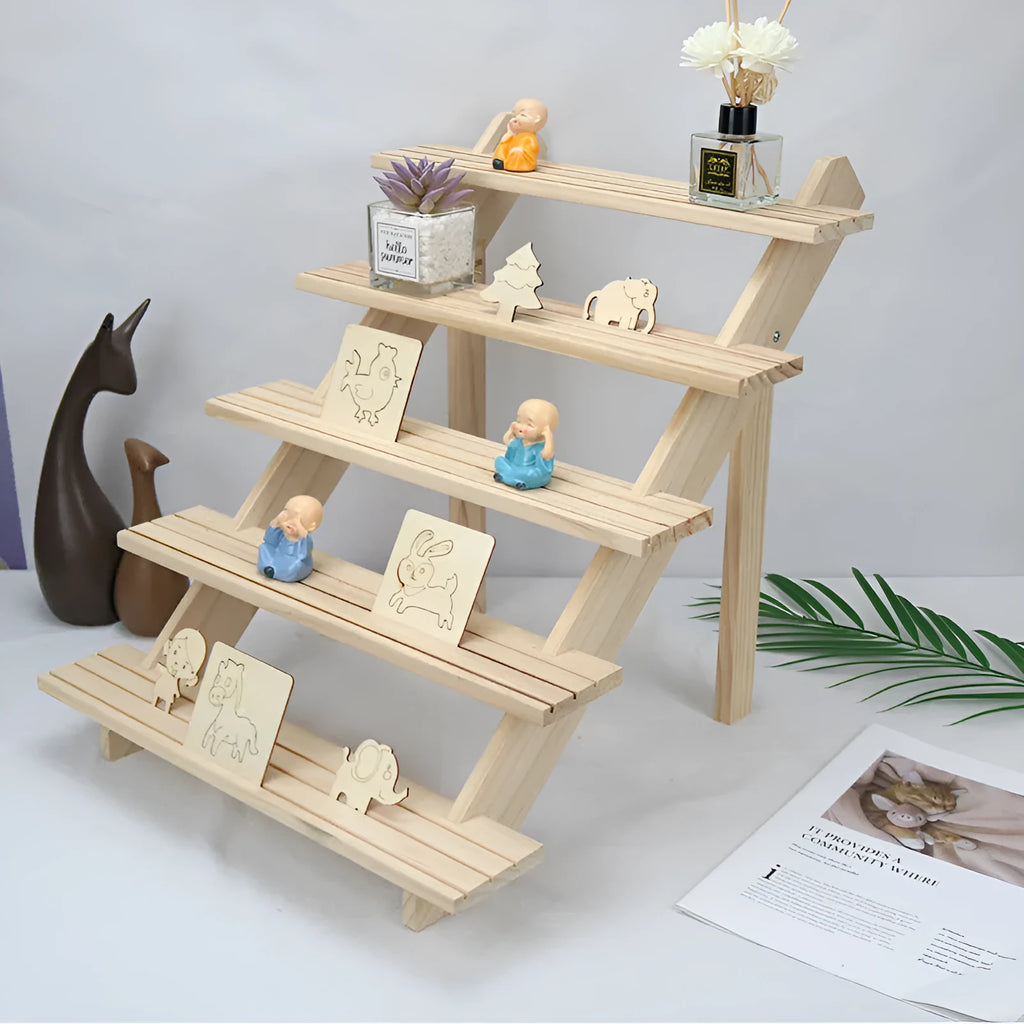 Multi-layer wooden stepped shelf with five tiers in natural wood colour, desk storage unit for books and display