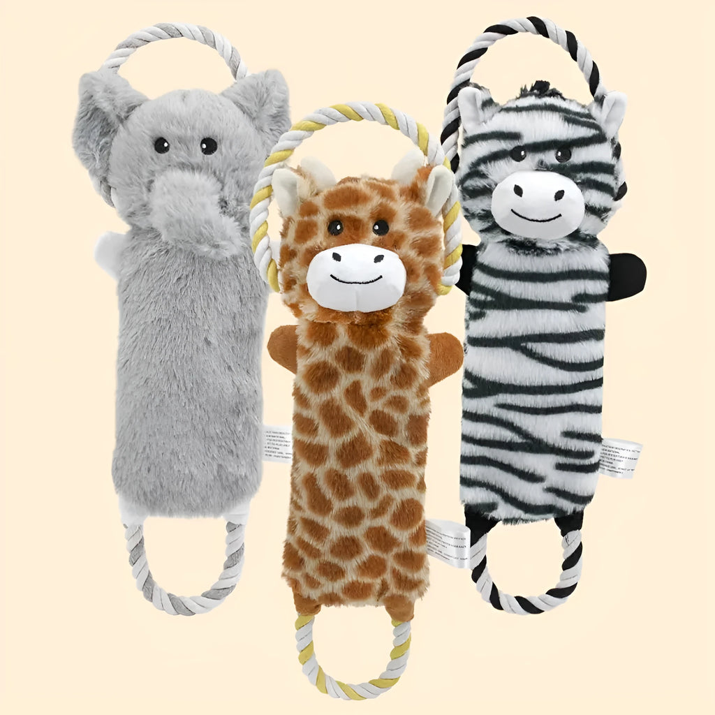 Plush dog toy shaped like zebra with rope and squeaker on white background