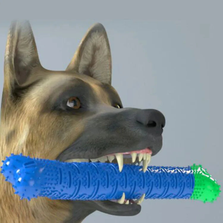 Blue-green dog dental chew toy with silicone brushing nodules and massage bumps for teeth cleaning