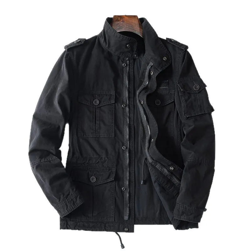 Men's loose-fit cotton jacket in light army green colour with a zip front and retro style.