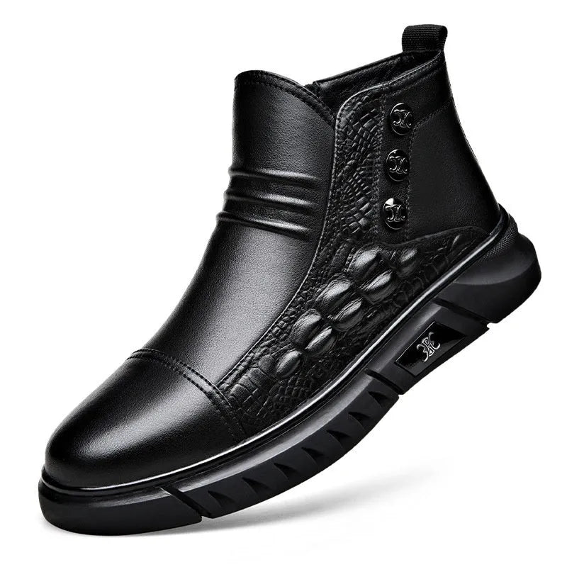 Men's genuine leather worker boots in black with round toe, warm lining, and non-slip sole